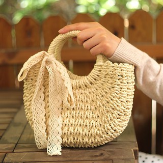 Bag female 2021 new Korean lace bow woven bag female rattan woven straw beach bag handbag messenger