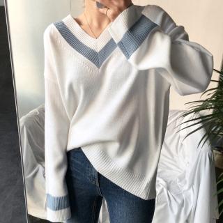 Women V-neck Pullover Sweater Fashion Casual Korean Style Spring Autumn Lazy Loose Sweater Knit Top