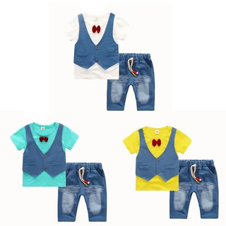 Summer Baby Boys Cotton Clothing Sets Vest Fake Two Jacket Tops+ Shorts