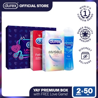 Durex Yay Premium Box with Invisible 10s, Fetherlite 12s, Play Feel Lube 50ml, and FREE Love Game