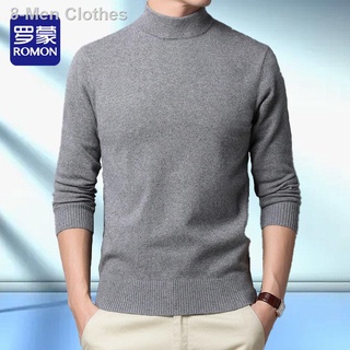 ❈Romon high-end men s round neck sweaters spring and autumn pure color knit sweaters half turtleneck