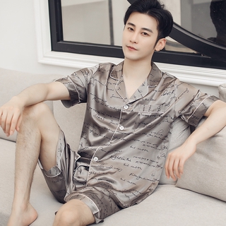 Men Pajamas Suit Short Sleeve Soft Imitation Silk Couple Sleepwear Pajama Sets Large Size