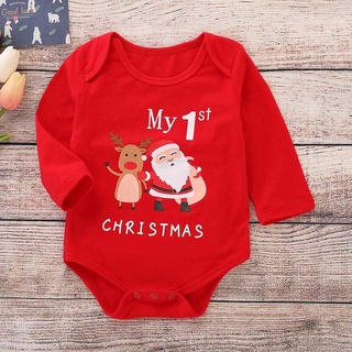 My 1st Christmas Baby Bodysuit Newborn Girls Clothes Xmas Santa Deer Letter Printed Long Sleeve Baby