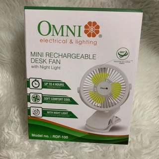 Omni Mini Rechargeable Desk Fan with Clip and Night Light in White