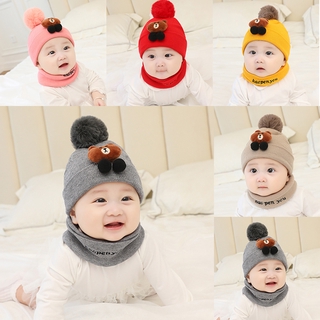 Unisex Boy Girl Winter Warm Soft Infant Baby Hats and Scarf Set Cute Cartoon Bear