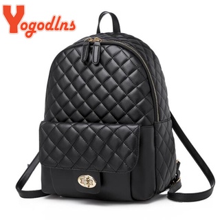 Yogodlns Luxury Black Backpack Women PU Leather Plaid Teenager School Bag PU Leather Knapsack Large