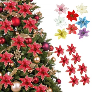 12Pcs Glitter Poinsettia Flower Christmas Wreath Tree Decor Xmas Gift Party Wedding Ornaments Garlands Scrapbook Craft Flower