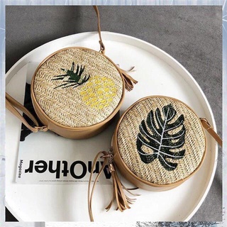 【Available】Round Rattan Woven Embroidered pineapple leafs sling bag；lady bag；fashionable studen