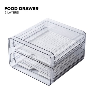 LOCAUPIN Food Storage Double Layer Drawer Container w/ Drain Tray Fresh Vegetable Fridge Organizer