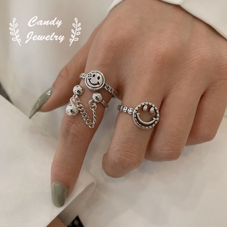 Fashion Vintage Hollow Smiley Face Emoji Finger Rings Double Layer Chain S925 Silver Plated Adjustable Open Ring for Women and Gilr Minimalist Jewelry Accessories