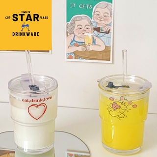 Glass Cup with Straw Tumbler with Lid Coffee Mug Milk Juice Cup Clear Cute Bunny Bear (1)