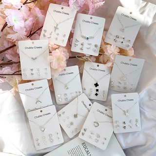 【Ready Stock】☂♧™Korean Necklace and Earrings Set Clover Piercing Earrings Set Pearl Heart-shaped 925 (1)