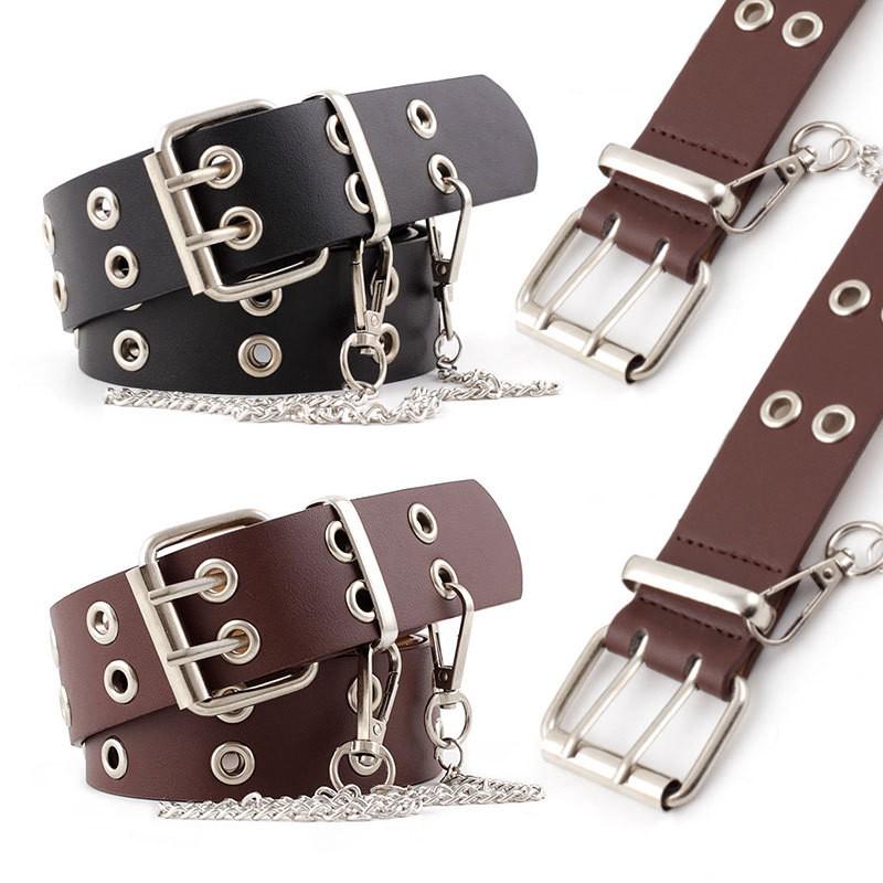 Korean Double Pin Buckle Leather Belt Woman Chain Wide Belt Fashion Black Coffee PU Belts