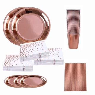 Rose Gold Polca Dots Disposable Party Paper Plate Set Paper Cup Paper Towel Tablecloth For Party