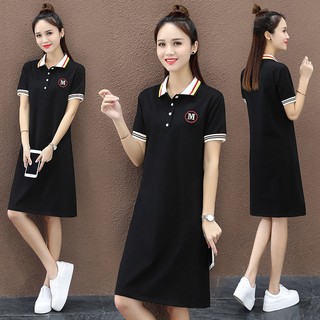 Summer plus size dress Korean women's loose and thin short-sleeved mid-length skirt POLO collar plus fat top
