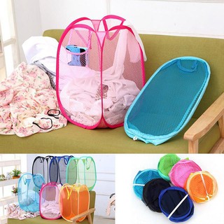 Foldable Bags♟TS Mesh Fabric Foldable Dirty Clothes Washing Laundry Basket Portable Bag Hamper