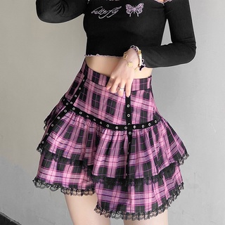 Lolita Cake Mini Skirts Gothic Japanese Harajuku Girls Purple Pink Plaid Pleated Skirt Punk Sweet