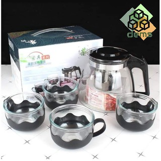 5 IN 1 TEA SET 4 MUG AND 1 GLASS PITCHER WITH STRAINER FILTER GLASSWARE TEA POT SET SURE QUALITY