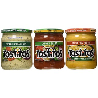 Tostitos Creamy Spinach Dip, Salsa con Queso and Chunky Salsa