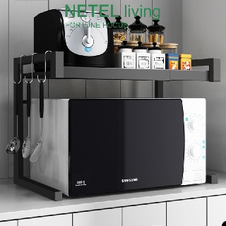 [NETEL &Ready stock] Microwave Oven Rack, Expandable Carbon Steel Microwave Shelf Kitchen Counter Shelf 3 Hooks