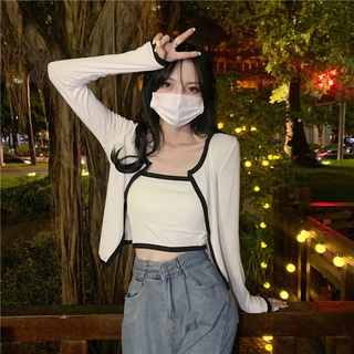 Korean Slim Sleeveless Vest + Long Sleeve Cardigan Two Piece Set
