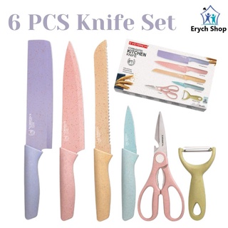 Knife Set 6 PCS Pastel Colors Stainless Steel Chef Knife Bread Knife Cleaver Scissors