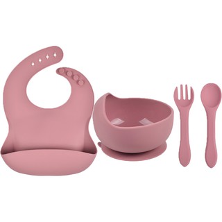 4Pcs Baby Tableware Set Newborn Silicone Bibs+Dinner Plate Bowl+Spoon Dishes Set