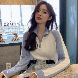 Women turtle neck Korean Slim Striped Long sleeve zip Knit Crop top