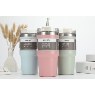 Tyeso Stainless steel Thermos Macaron Vacuum Tumbler Cup Water Bottle with Straw 600ml 890ML