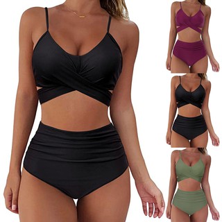 ❆Dooraa❆ Women Sexy Soild Print Bikini Set Push Up Bathing Swimwear High waist Swimsuit