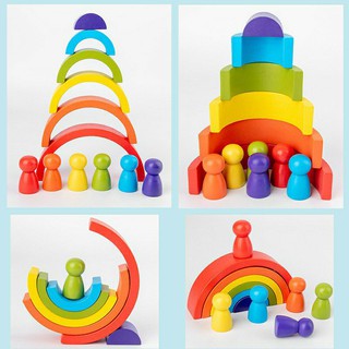 Stacking Wooden Rainbow Montessori toys puzzle educational toy learning building balancing