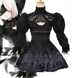 Women Girls Nier Automata Yorha 2B Cosplay Suit Anime Outfit Disguise Costume Set Fancy Halloween Party Black Dress