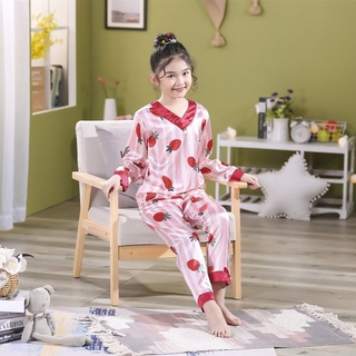 Children's Pajamas Set Summer Girls Terno Long Sleeve Ice Silk Pyjamas Casual Homewear Sleepwear Nightwear Baju Tidur (2)