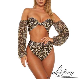 ✦LD-Women´s Sexy Leopard Tube Top Bikini Set Fashion Long Sleeve Swimwear Two Piece with Chest