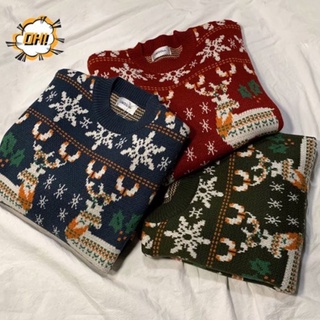 【CK Shop】Lovers wear new year elk red sweater men and women loose 2021 new trend couple style S-2XL