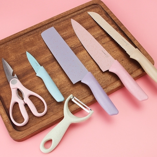 Movall Knife Set 6 PCS Pastel Colors Stainless Steel Chef Knife Bread Knife Cleaver Scissors