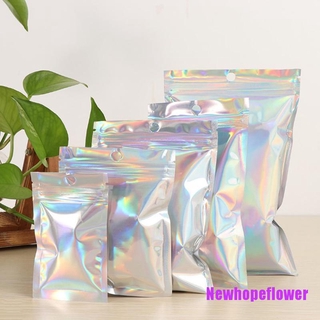 NFPH✿ 10Pcs Iridescent Zip Lock Pouches Cosmetic Plastic Laser Holographic Zipper Bags (1)