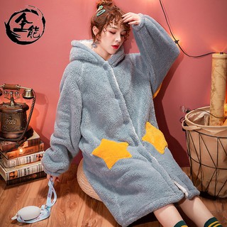 Coral Fleece Sleepwear Women Winter Long Thick Sleepwear Flannel Star Nightgown (1)