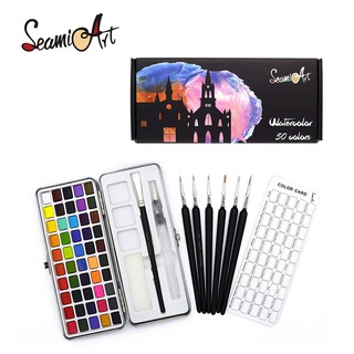 SeamiArt 50 Colors Solid Watercolor Gift Set With 6 Pcs. Detail Painting Brush