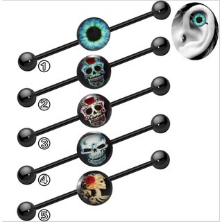 1PC 14G 38mm Industrial Barbell Punk Skull Cartilage Ear Piercing Ring Jewelry