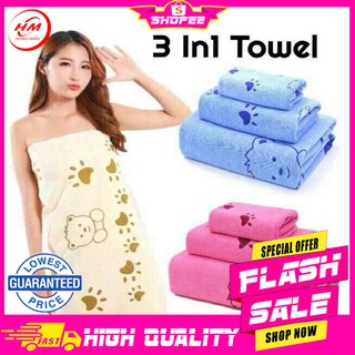 UKWU 3in1 Towel Microfiber Bath towel Set Cute Cartoon Print Absorbent Quick dry