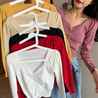 Women's V Neck Solid Color Casual Navel Exposed Long-sleeved Knit Pullover T-shirt Tops