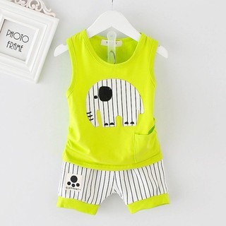Summer Kid Cotton Cartoon Baby Boys Girls Vest+Stripe Shorts (1)
