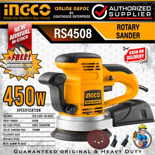 INGCO 450W Rotary Sander / Random Orbital Sander - Fixed Variable Speed (RS4508) w/Free Gloves + 3M