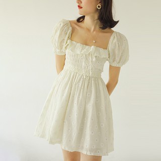 F&F Women's Chiffon Dress Little Daisy Dress Bubble Sleeve Skirts Waist Skirt (1)