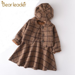 Bear Leader Girl's Suit Winter Coat, Toddler Clothes, Plaid Wool Blend Dress, Full Coat with Hat