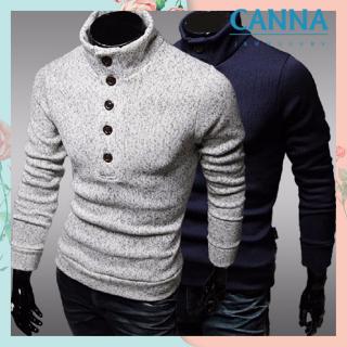Mens Casual Long Sleeve Single-breasted Button Pullover, Solid Mock Neck Knit Sweater For Men
