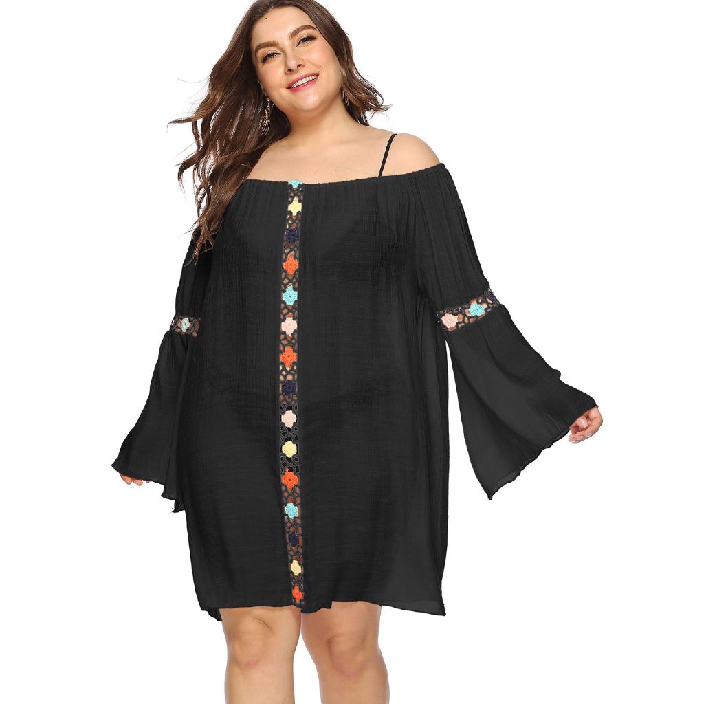Plus Size Off The Shoulder Crochet Insert Cover Up Swimwear