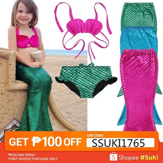 【Ready Stock】✸babybaby 3PCS Girl Kids Mermaid Tail Swimmable Bikini Set