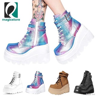 ◑⊕◇Women Motorcycle Boots Round Toe Thick Waterproof Platform Shoes Lace-Up Ankle Booties Fashion Pa